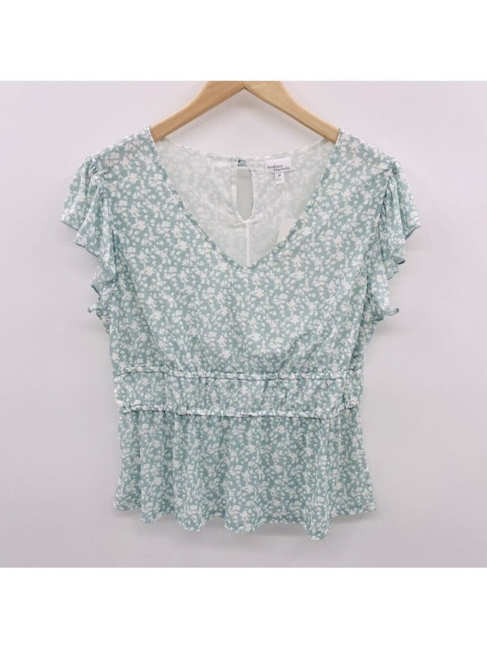 Madison & Berkeley Floral Short Ruffle Sleeve Mesh Blouse Green Small NWT